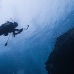 Sithonia diving. Underwater diver at Halkidiki near reef