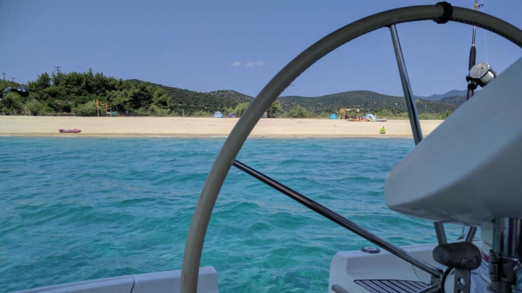 Tristinika beach at Sithonia, Halkidiki, Greece, waterfront from the sea